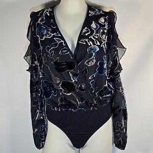 Black and Blue Ruffled Wrap Bodysuit with Flutter Sleeves